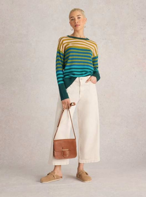 An image of the White Stuff Olive Stripe Jumper in Green Multi.