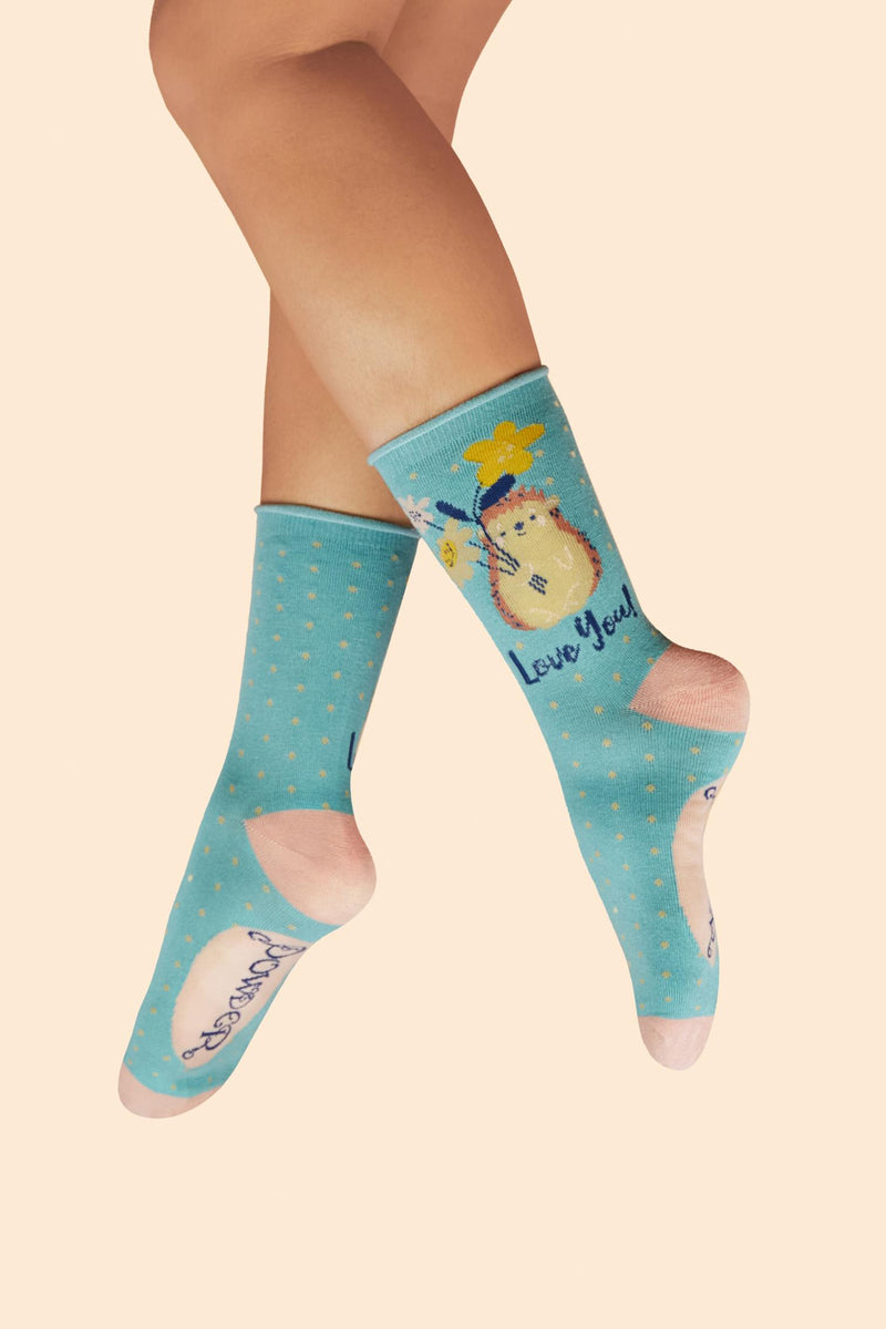 Hedgehog Sharing Love Ladies Ankle Socks - Aqua