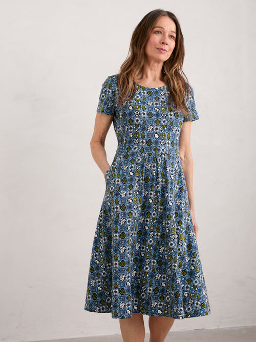 An image of the Seasalt Short Sleeve April Dress in Blue.