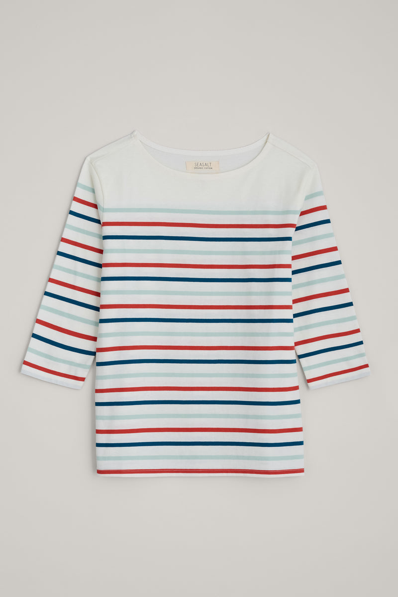 Seasalt Sailor Top. A relaxed fit top with 3/4 length sleeves, boat neck, and multicoloured striped pattern.