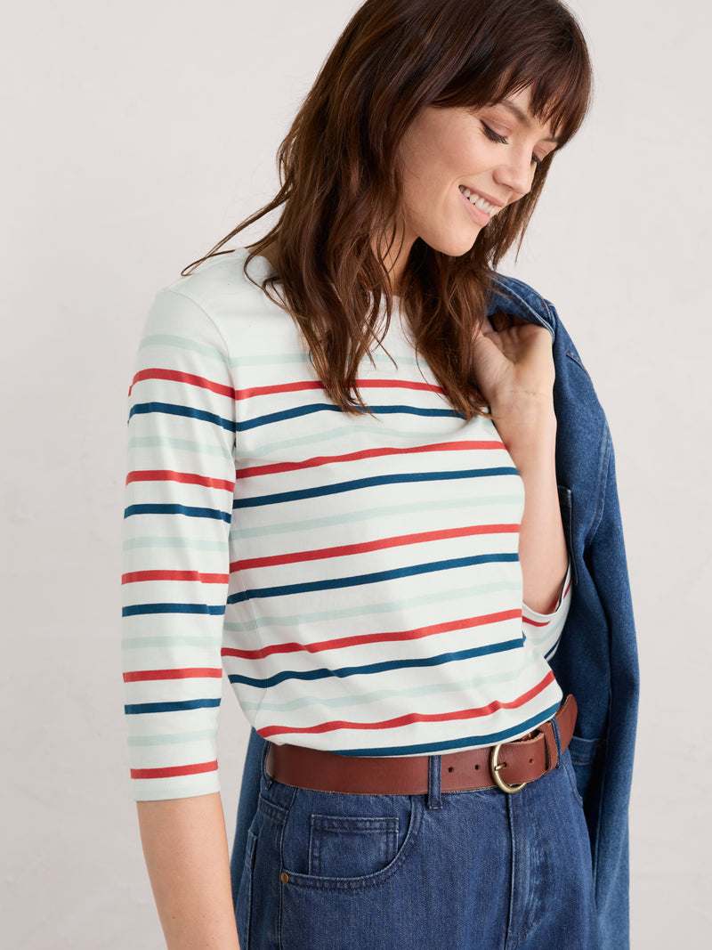 Seasalt Sailor Top. A relaxed fit top with 3/4 length sleeves, boat neck, and multicoloured striped pattern.