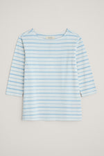 Seasalt Sailor Top. A relaxed fit top with 3/4 length sleeves, boat neck, and blue striped pattern.