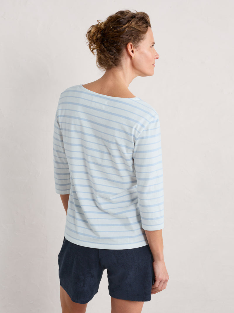 Seasalt Sailor Top. A relaxed fit top with 3/4 length sleeves, boat neck, and blue striped pattern.