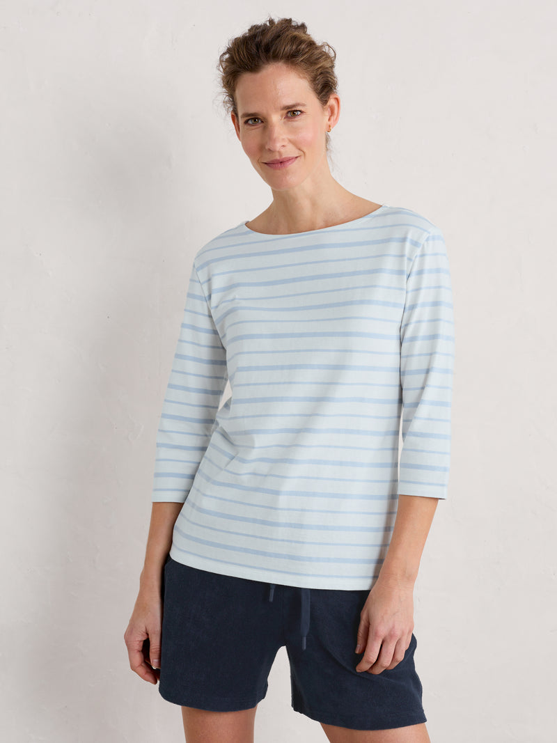 Seasalt Sailor Top. A relaxed fit top with 3/4 length sleeves, boat neck, and blue striped pattern.