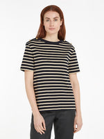 An image of the Tommy Hilfiger Stripe Boat Neck Relaxed T-Shirt in Breton Stripe Desert Sky / Country Ivory.