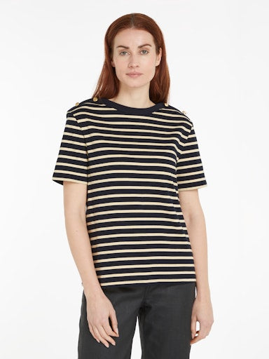 An image of the Tommy Hilfiger Stripe Boat Neck Relaxed T-Shirt in Breton Stripe Desert Sky / Country Ivory.