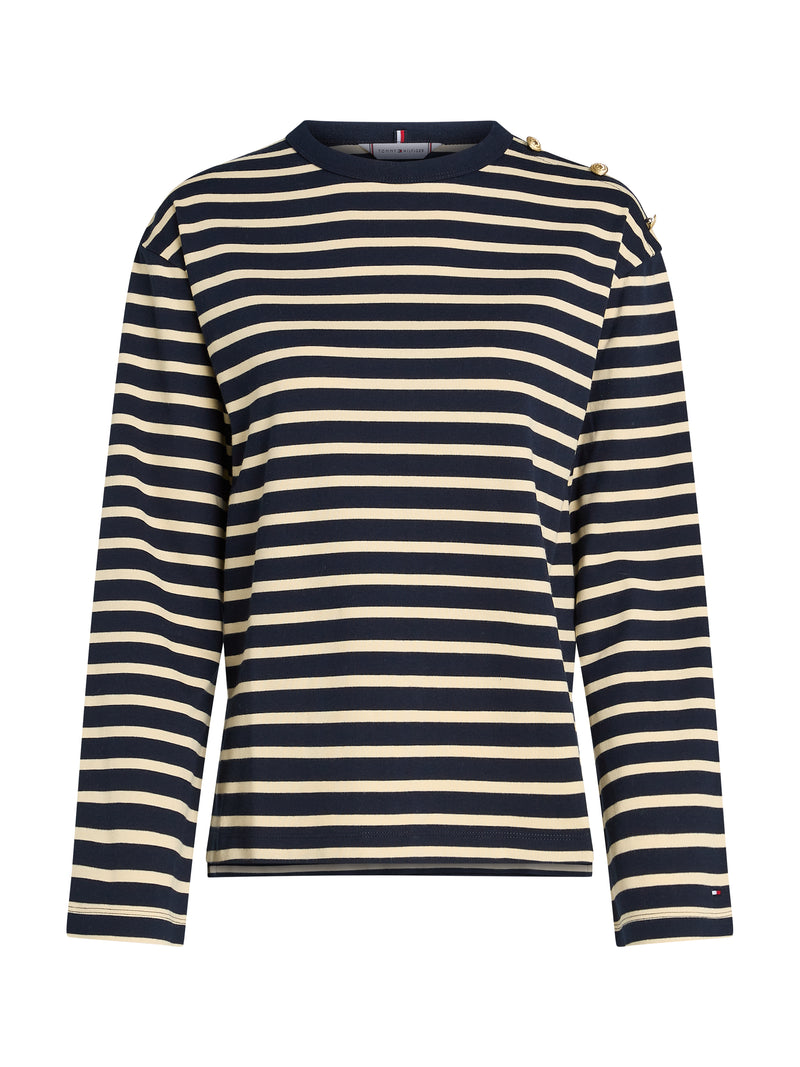 Relaxed Gold Button Stripe C-Neck LS Top