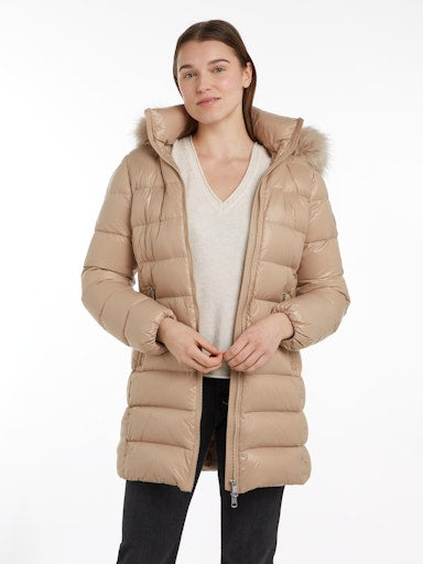 An image of the Tommy Hilfiger Down Filled Glossy Hooded Puffer Coat in Beige.