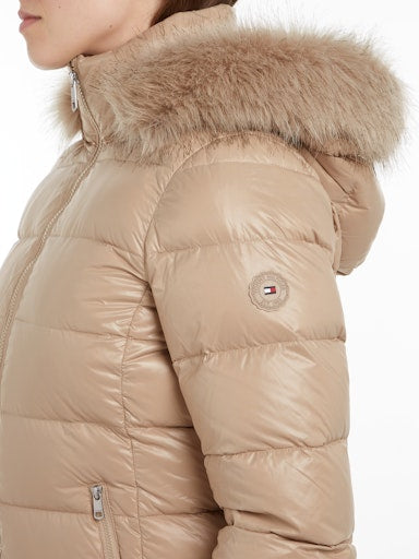 An image of the Tommy Hilfiger Down Filled Glossy Hooded Puffer Coat in Beige.