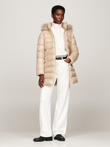 An image of the Tommy Hilfiger Down Filled Glossy Hooded Puffer Coat in Beige.