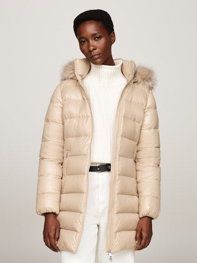 An image of the Tommy Hilfiger Down Filled Glossy Hooded Puffer Coat in Beige.