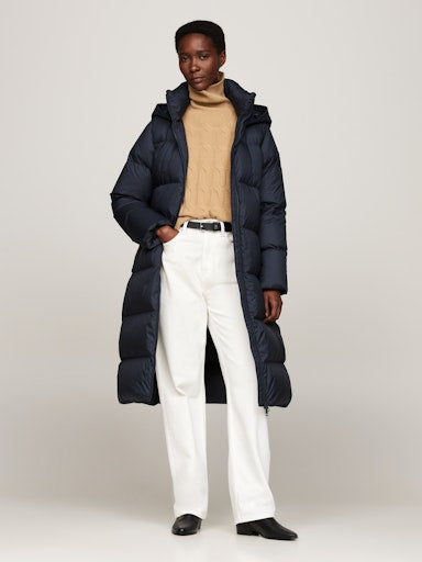 An image of the Tommy Hilfiger Water Repellent Down Longline Coat in Desert Sky.