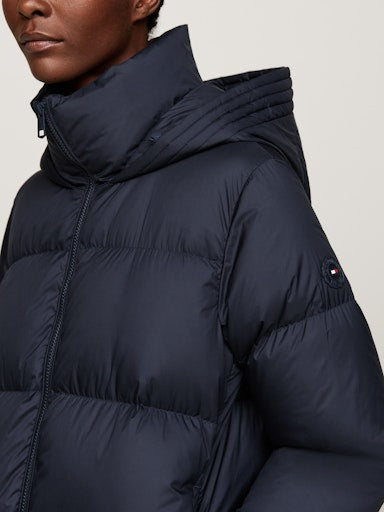 An image of the Tommy Hilfiger Water Repellent Down Longline Coat in Desert Sky.