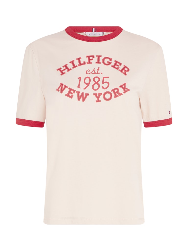 An image of the Tommy Hilfiger Varsity Logo Contrast Trim T-Shirt in Classic Beige.