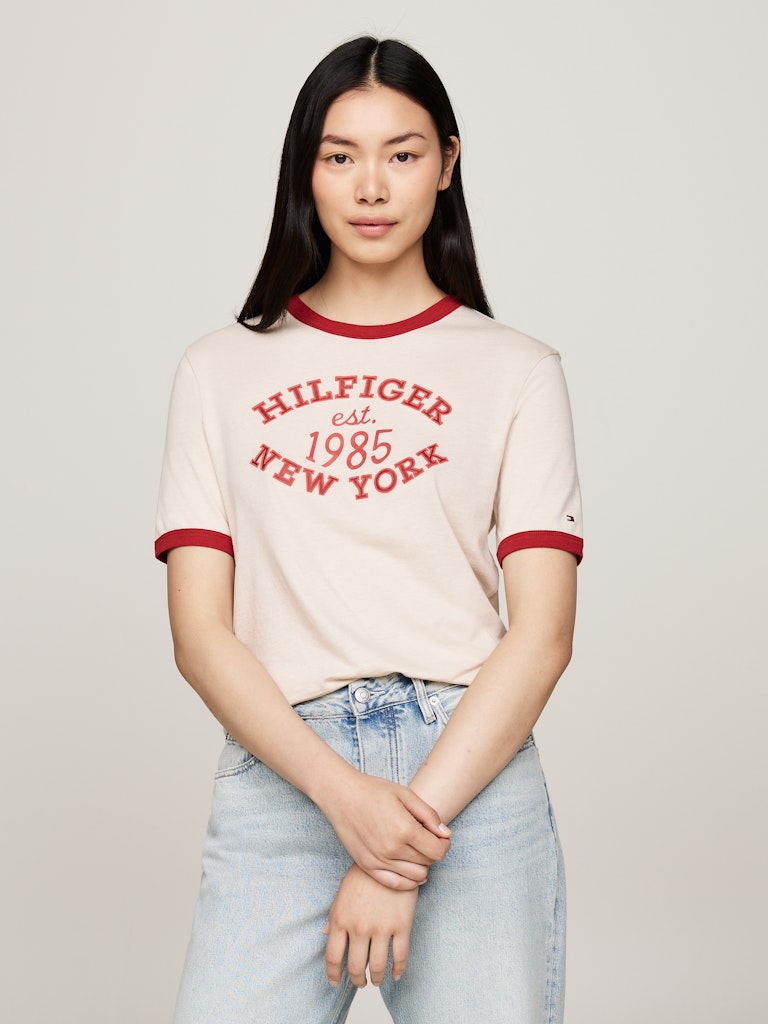 An image of the Tommy Hilfiger Varsity Logo Contrast Trim T-Shirt in Classic Beige.