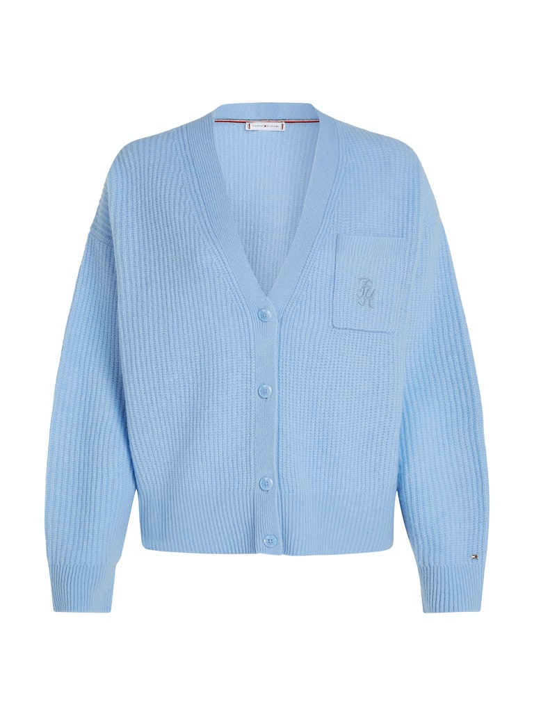 An image of the Tommy Hilfiger Script Soft Wool V-Neck Cardi in Vessel Blue.