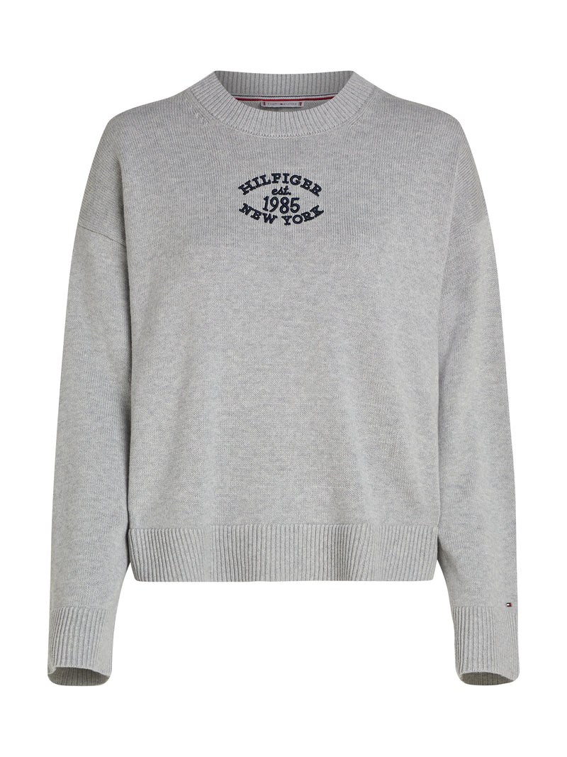 An image of the Tommy Hilfiger Varsity Graphic Crew Neck Sweater in Light Grey Heather.