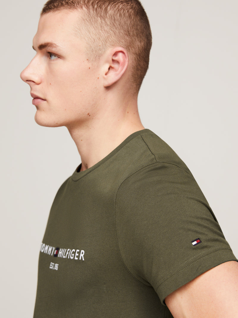 An image of the Tommy Hilfiger Logo Embroidery Slim Fit T-Shirt in the colour Army Green.