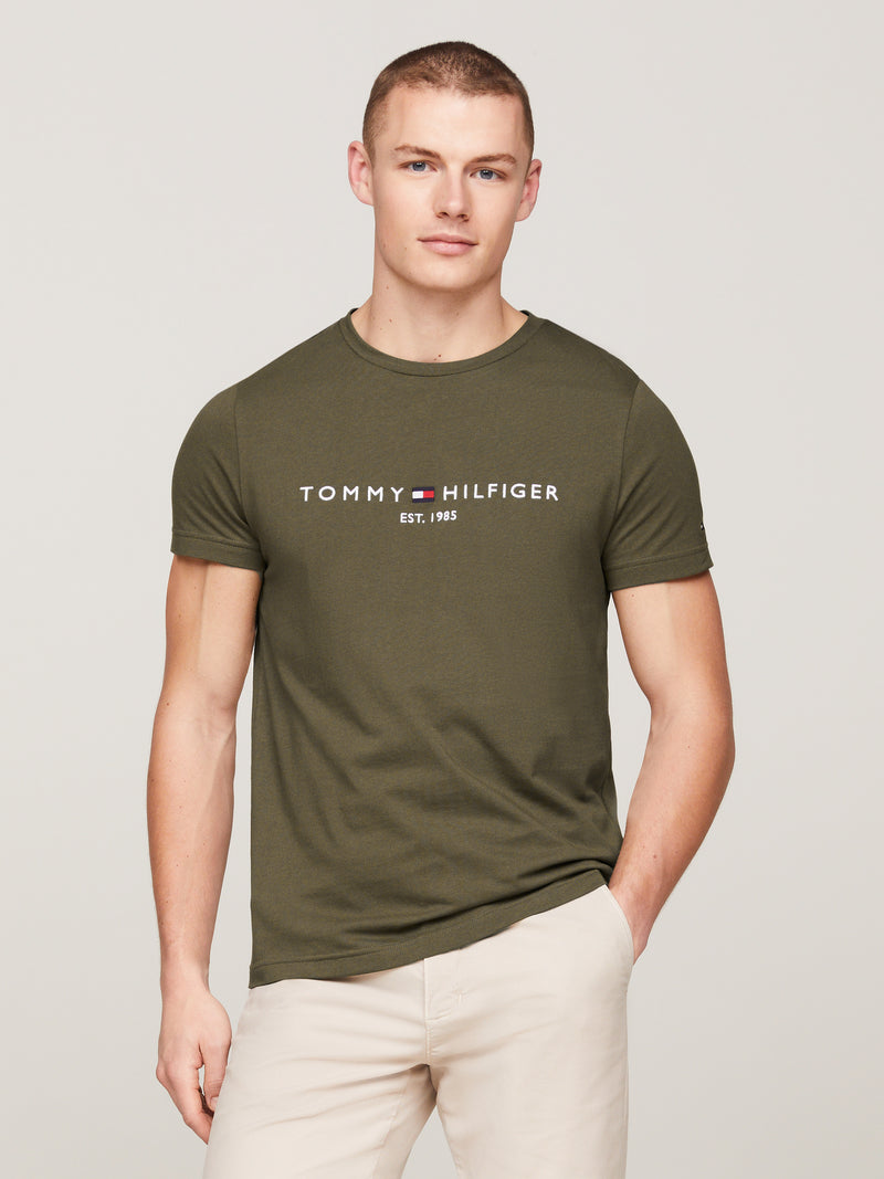 An image of the Tommy Hilfiger Logo Embroidery Slim Fit T-Shirt in the colour Army Green.