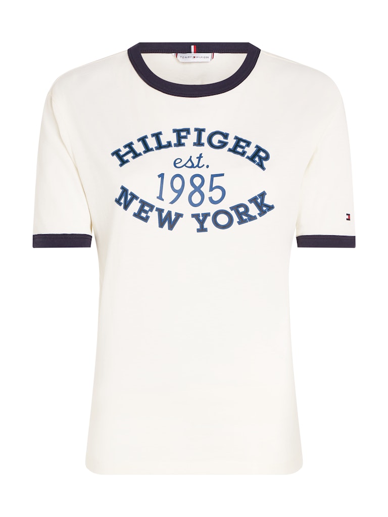 An image of the Tommy Hilfiger Varsity Logo Contrast Trim T-Shirt in Ancient White.