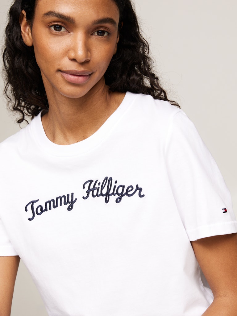 An image of the Tommy Hilfiger Script Logo Embroidery T-Shirt in Optic White.