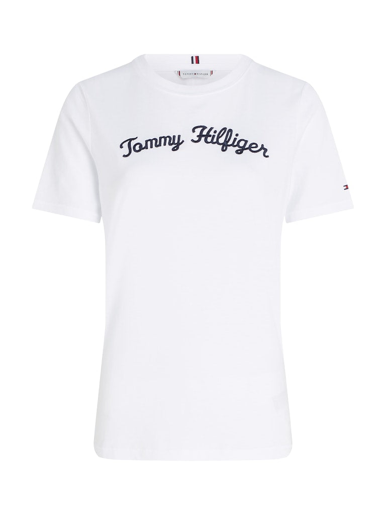 An image of the Tommy Hilfiger Script Logo Embroidery T-Shirt in Optic White.