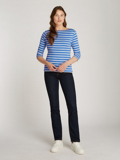 An image of the Tommy Hilfiger Slim Cody 3/4 Sleeve Top in Fine Stp Blue Spell/ Ivory Petal.