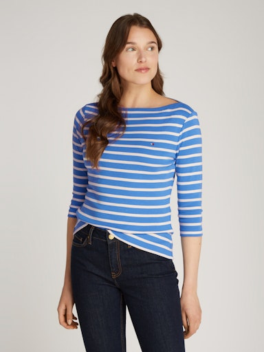 An image of the Tommy Hilfiger Slim Cody 3/4 Sleeve Top in Fine Stp Blue Spell/ Ivory Petal.