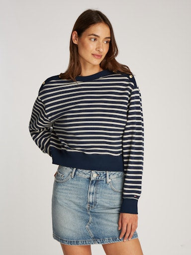 An image of the Tommy Hilfiger Gold Button Boat-Neck Sweatshirt in Breton Stp Country Ivory/ Night Sky.