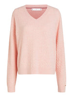 An image of the Tommy Hilfiger Mini Cable V-Neck Sweater in Foggy Pink Ht.