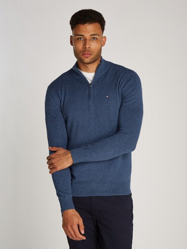 An image of the Tommy Hilfiger Essential Cotton Zip Jumper in Aegean Sea Heather.