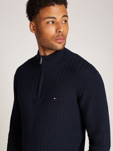 An image of the Tommy Hilfiger Herringbone Knit Half-Zip Jumper in Desert Sky.