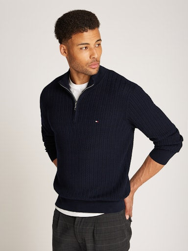 An image of the Tommy Hilfiger Herringbone Knit Half-Zip Jumper in Desert Sky.