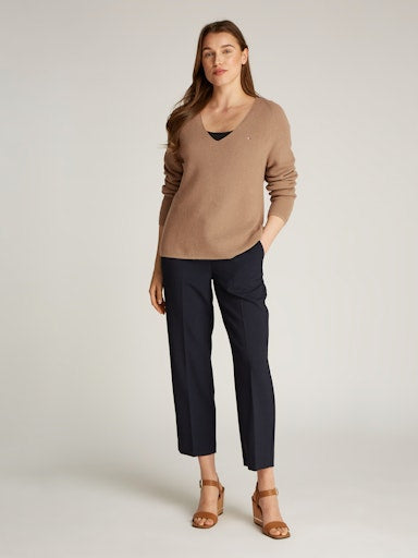 An image of the Tommy Hilfiger Cable Knit V-Neck Jumper in Safari Canvas.