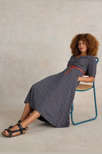 An image of the Megan Jersey Midi Dress in Navy Print.