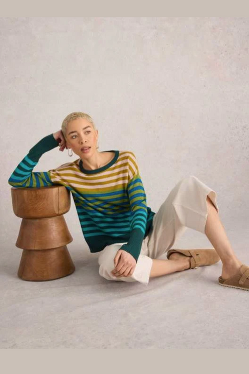 An image of the White Stuff Olive Stripe Jumper in Green Multi.