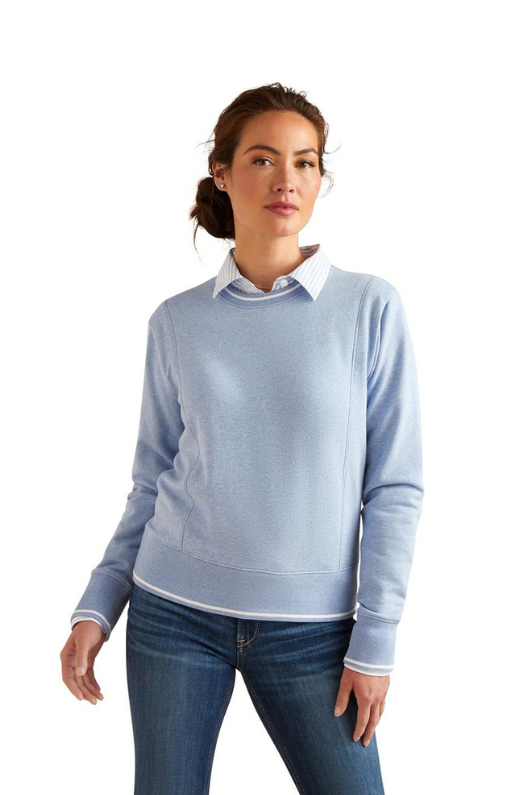 Ariat Tedstock Sweatshirt. A soft touch long sleeve sweatshirt with round neckline and ribbed detailing. This item is in the colour Light Blue Heather.