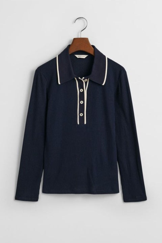 An image of the Gant Slim Rib Long Sleeve Polo in Evening Blue.