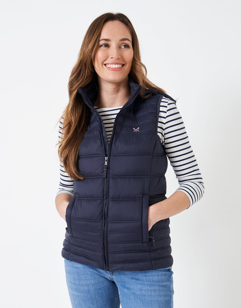 An image of the Crew Clothing Lightweight Padded Gilet in Dark Navy.