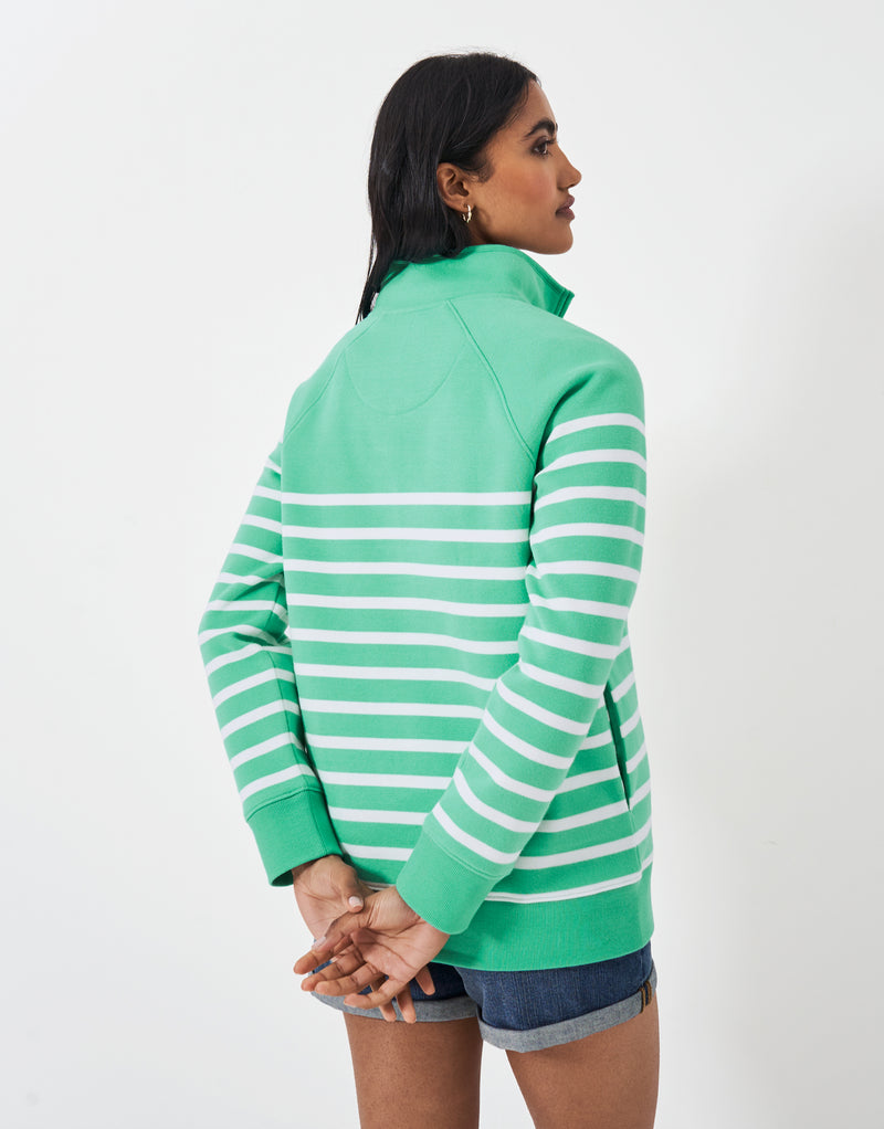 An image of the Crew Clothing Half Zip Sweatshirt in Green White Stripe.