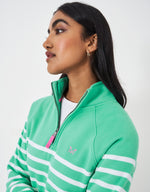 An image of the Crew Clothing Half Zip Sweatshirt in Green White Stripe.