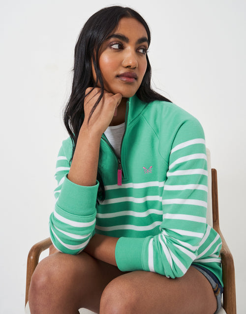 An image of the Crew Clothing Half Zip Sweatshirt in Green White Stripe.