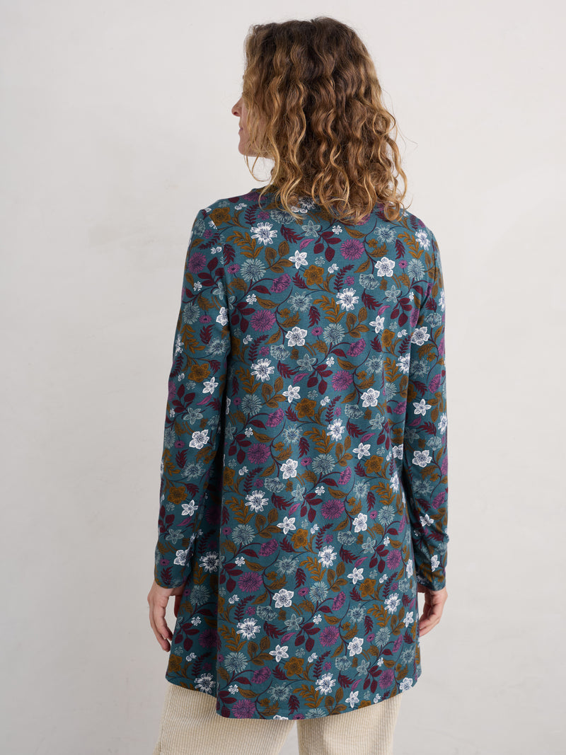 An image of the Seasalt Wreathe Tunic in Woodblock Bloom Dusky Jade.