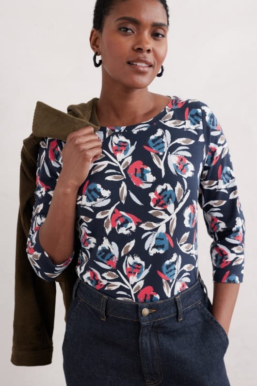 An image of the Seasalt Easel 3/4 Sleeve Top in Feather Flower Maritime.