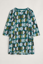 Seasalt Shore Foraging Tunic. A relaxed fit tunic with round neck, angled pockets, and green multicoloured circular print.