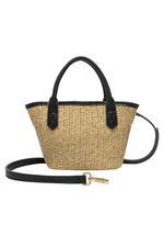 Every Other Straw Rattan Grab Bag. A small raffia bag with black faux leather details, top handles, crossbody strap, and fully lined interior with zip pocket.