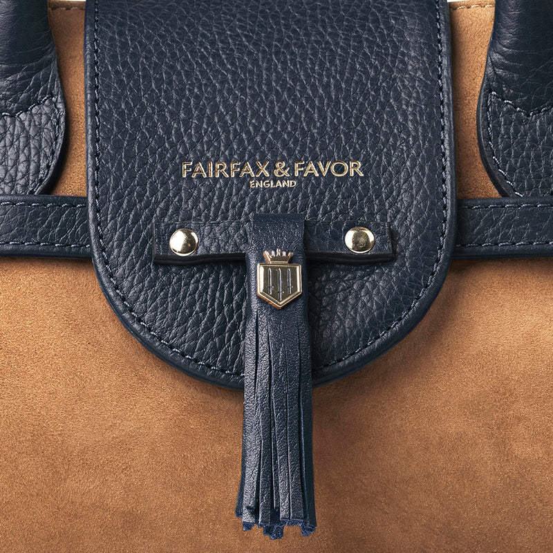 An image of the Fairfax & Favor Mini Windsor Bag in Tan/Navy.