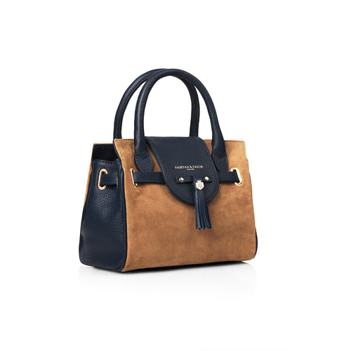 An image of the Fairfax & Favor Mini Windsor Bag in Tan/Navy.