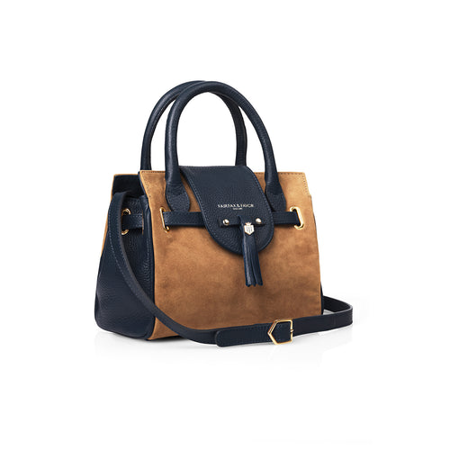 An image of the Fairfax & Favor Mini Windsor Bag in Tan/Navy.