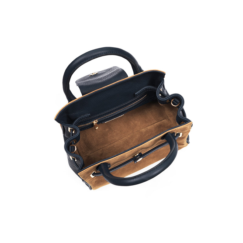 An image of the Fairfax & Favor Mini Windsor Bag in Tan/Navy.